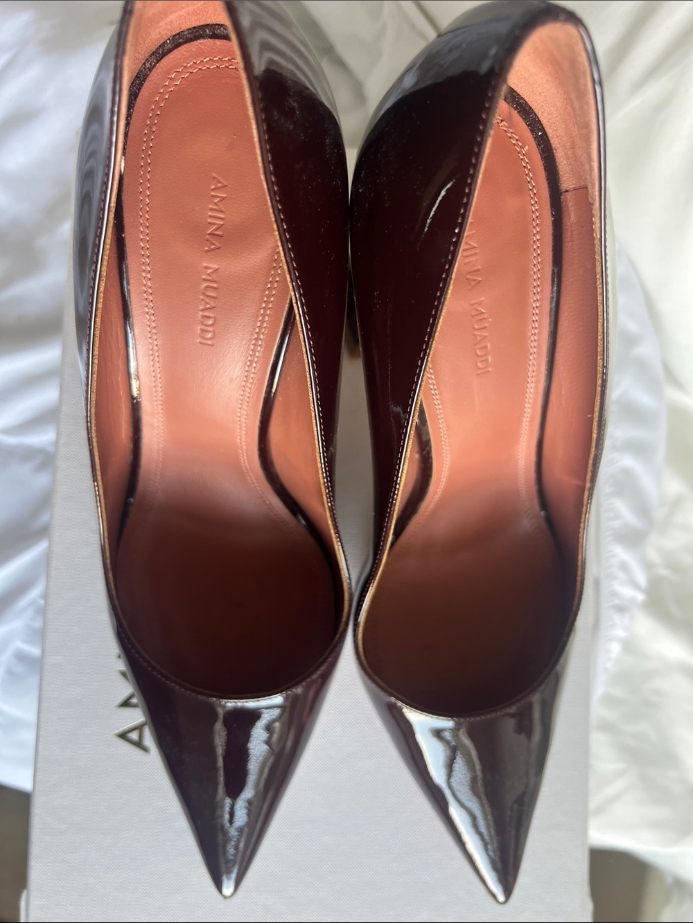 Amina Muaddi Patent Pointed-Toe Pumps in Deep Burgundy - Picture 5 of 6